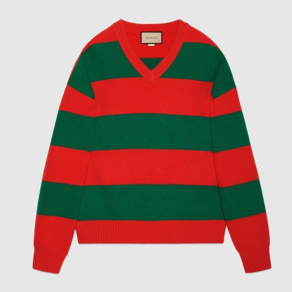 size XL - Gucci Striped V-neck Felted Wool Jumper Sweater Red Green